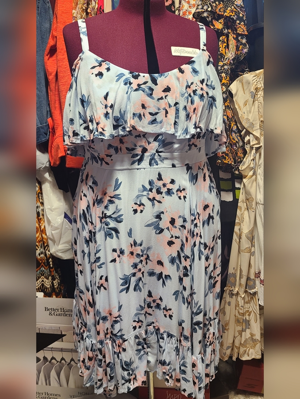 torrid Light Blue Floral Off-Shoulder Midi Dress with Pink Accents